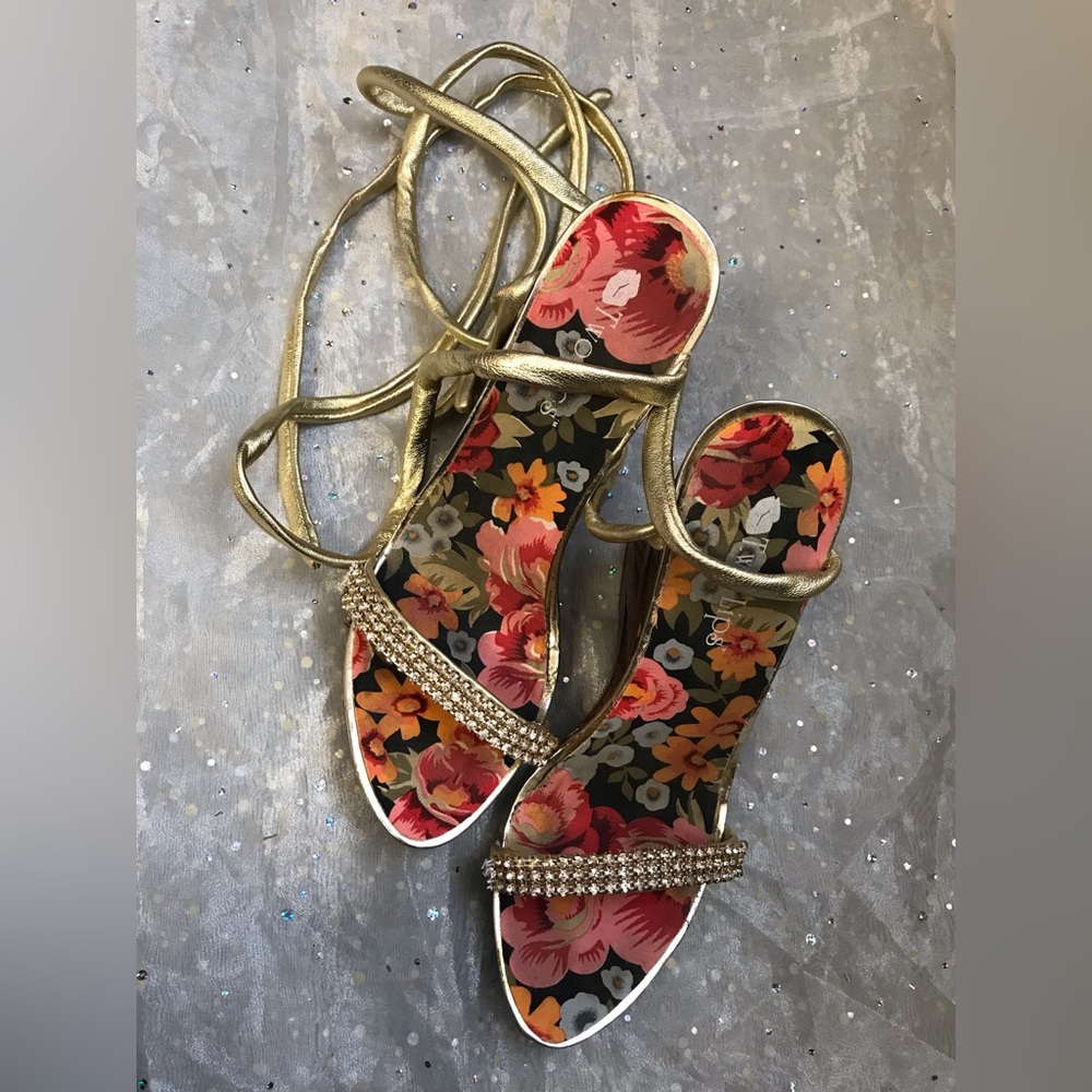 Two Lips Sexy lace up  rhinestone sandals with fun sculpted wooden heels